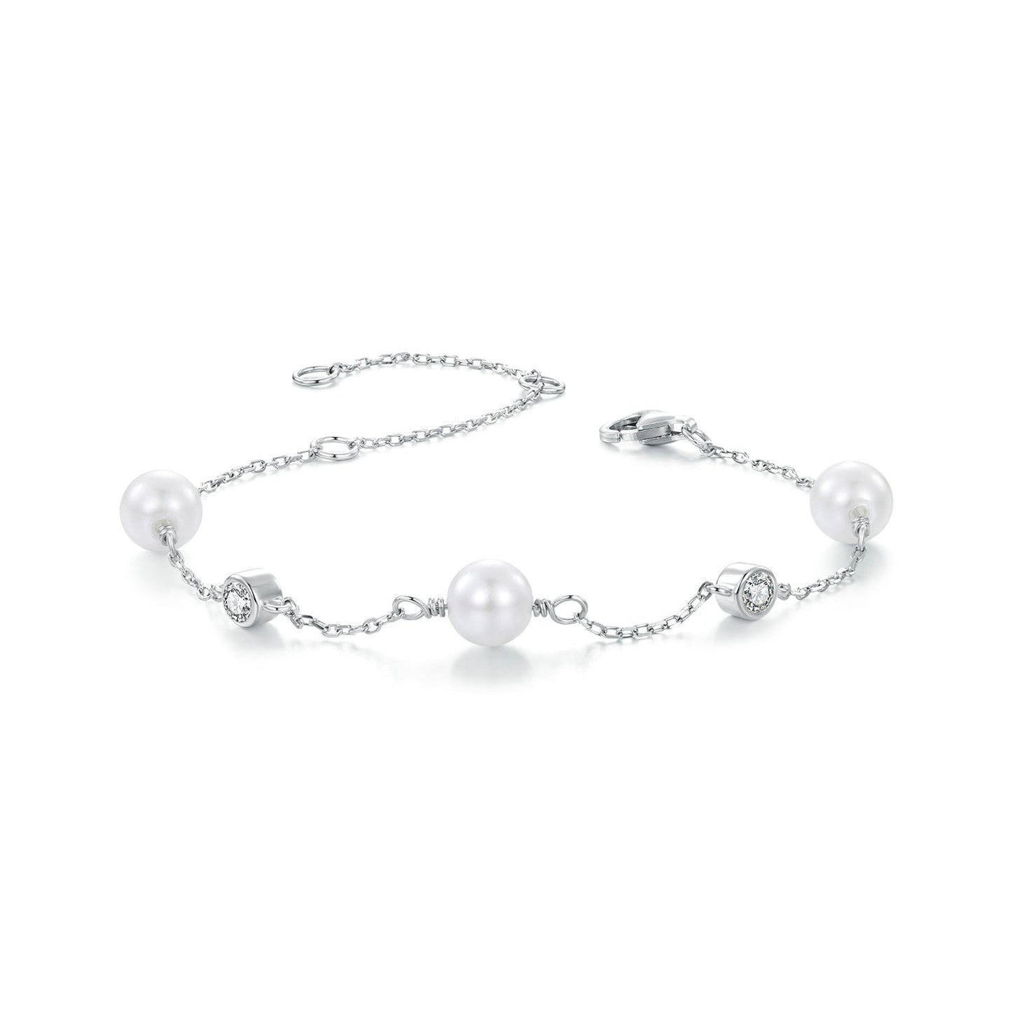 Bracelet 925 Sterling Silver with 3mm Moissanite and shell pearls on chain for women on Tampa Home & Garden Store