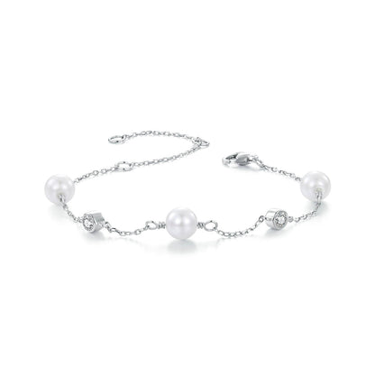 Bracelet 925 Sterling Silver with 3mm Moissanite and shell pearls on chain for women on Tampa Home & Garden Store