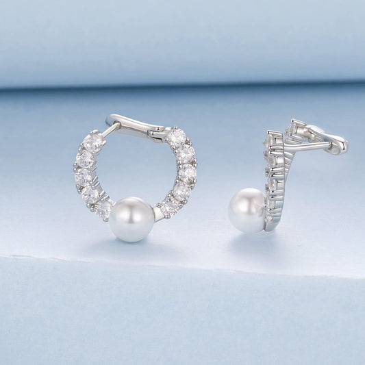 Hoop earrings 1.6cm sterling silver white gold plated with crystals and pearl by Bids.com on Tampa Home & Garden Store