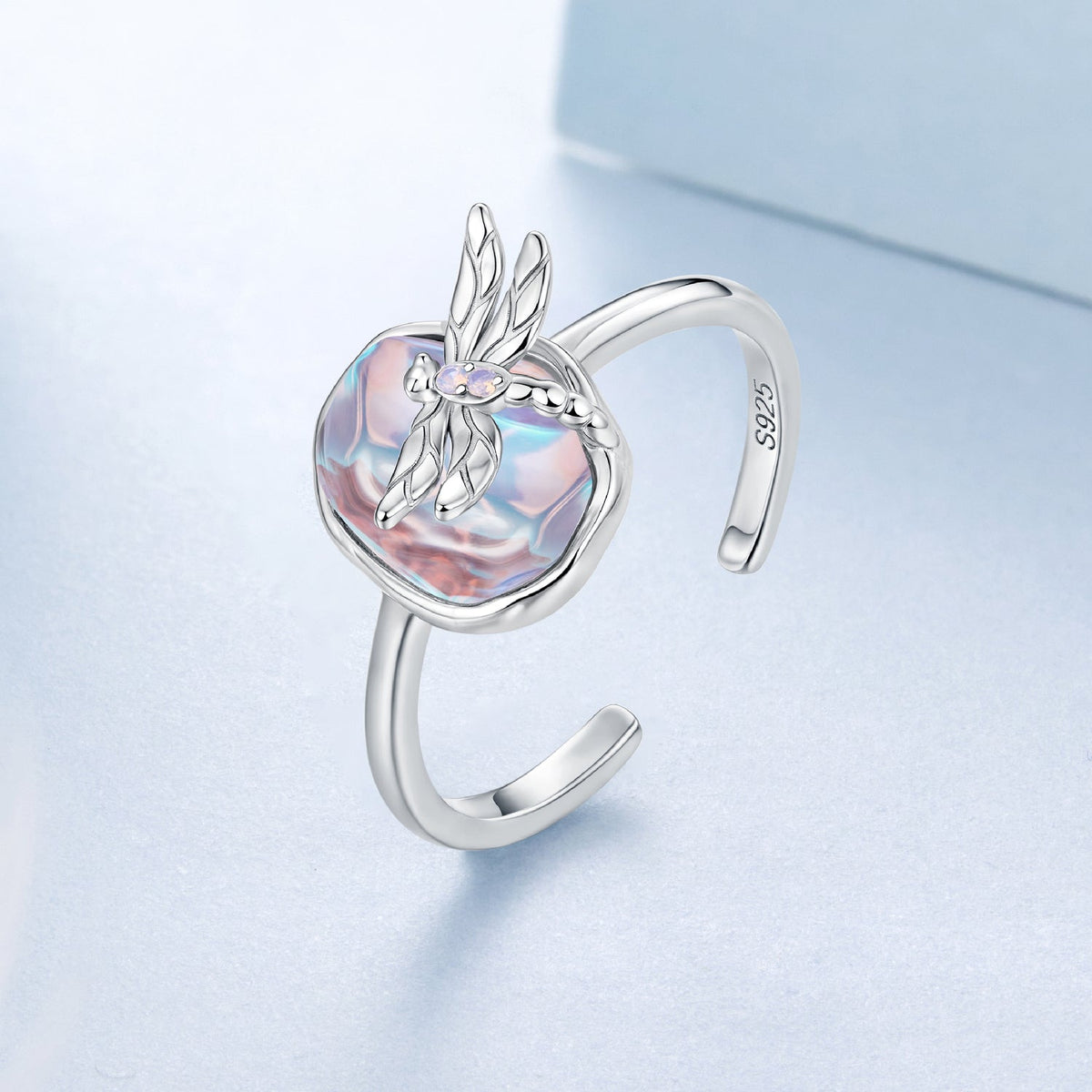 S925 sterling silver ring with iridescent nano opal and dragonfly motif, women's ring on Tampa Home & Garden Store