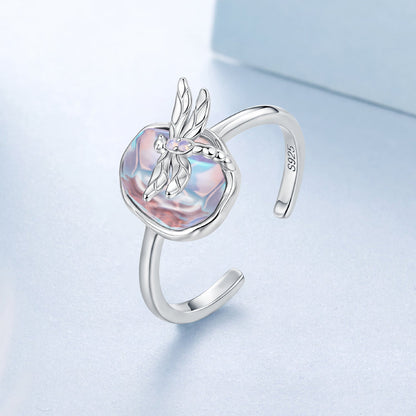 S925 sterling silver ring with iridescent nano opal and dragonfly motif, women's ring on Tampa Home & Garden Store