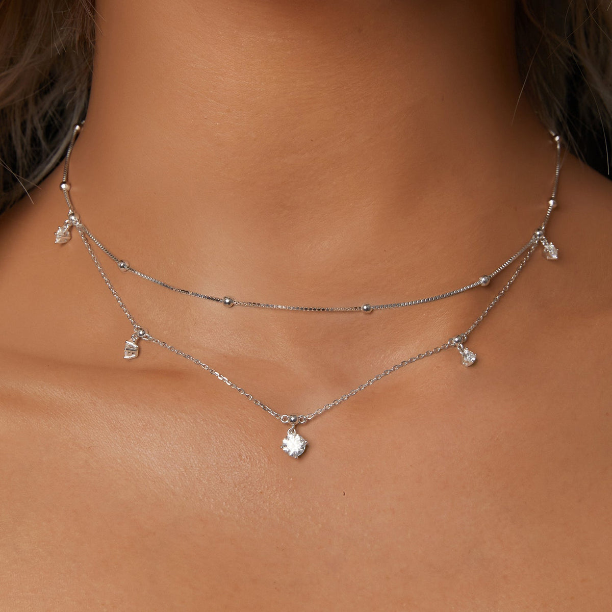 925 Sterling Silver plated moissanite necklace with layered chains and charms by Bids.com on Tampa Home & Garden Store