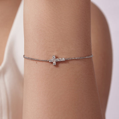 925 Sterling Silver Moissanite Bracelet with cross charm on plated white-gold rope chain, 15+6cm on Tampa Home & Garden Store