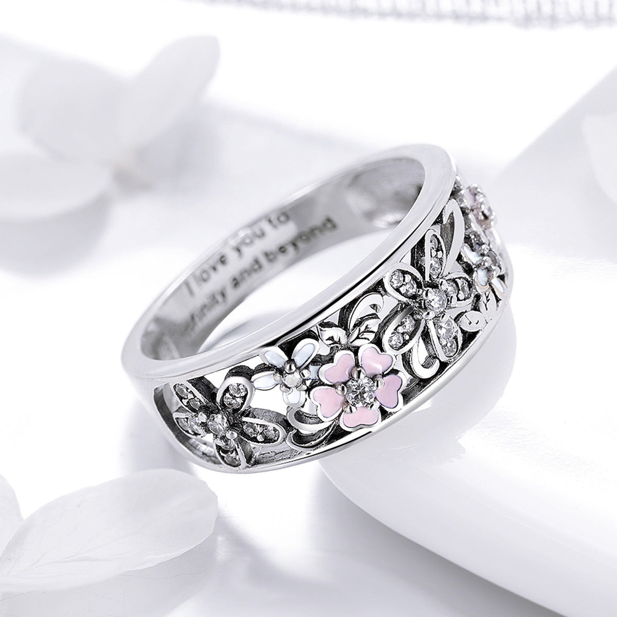 S925 Sterling Silver Ring with floral filigree and pink enamel flowers, size 6.0 on Tampa Home & Garden Store