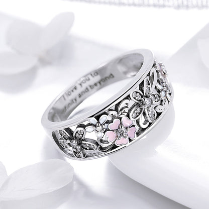 S925 Sterling Silver Ring with floral filigree and pink enamel flowers, size 6.0 on Tampa Home & Garden Store