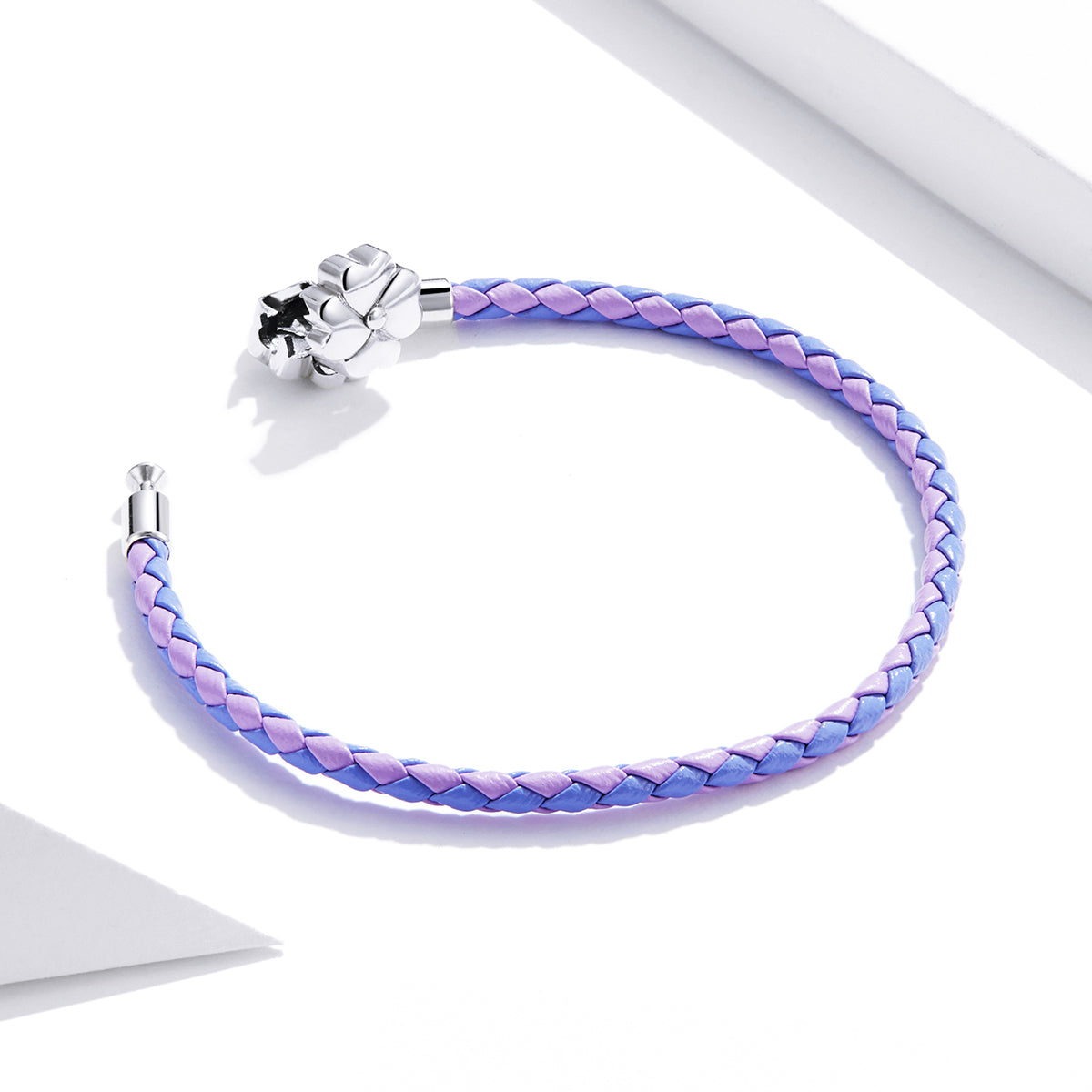 Bracelet 925 Silver Oxidized Leather braided 17cm purple/blue with flower charm by Bids.com on Tampa Home & Garden Store