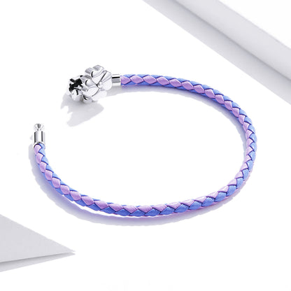 Bracelet 925 Silver Oxidized Leather braided 17cm purple/blue with flower charm by Bids.com on Tampa Home & Garden Store