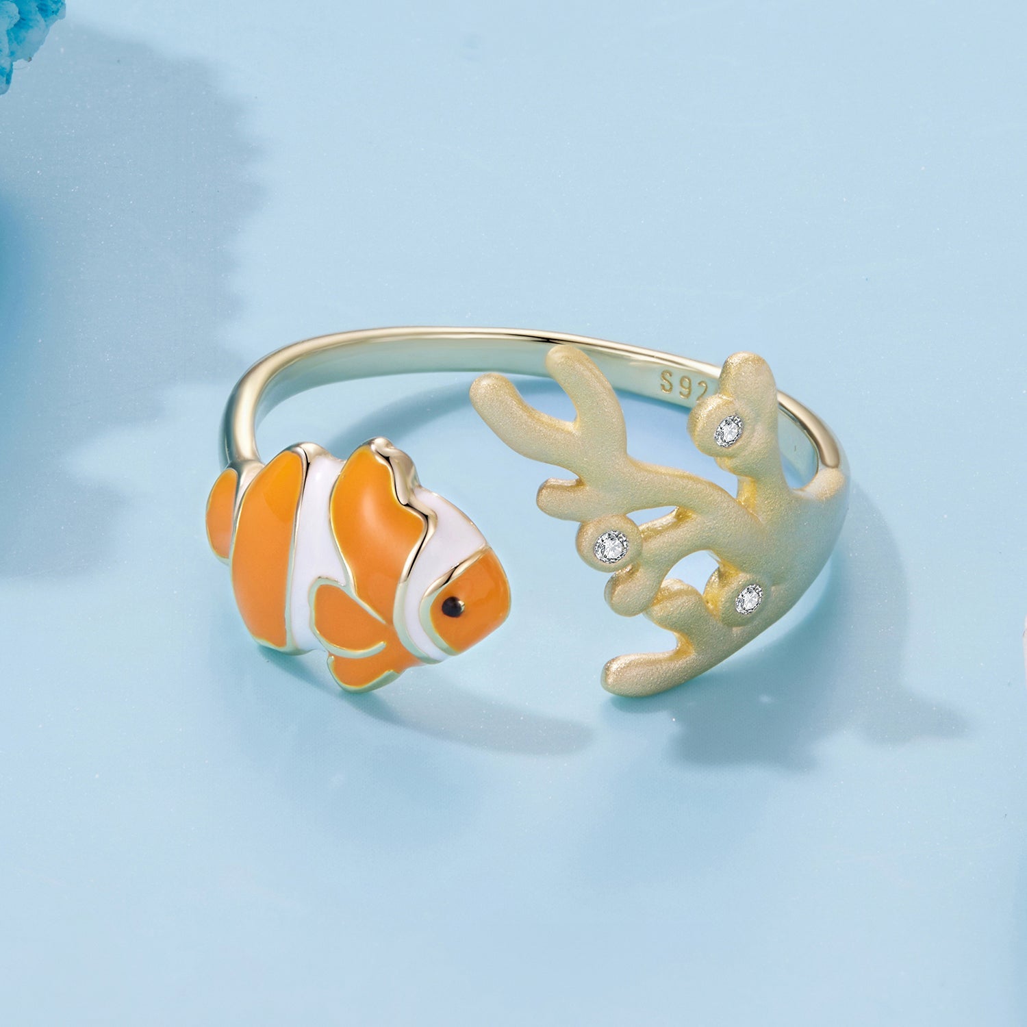 Ring, 925 sterling silver with gold plating, orange enamel clownfish and coral branch with diamonds on Tampa Home & Garden Store