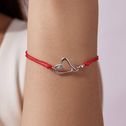 Bracelet 925 silver, white gold plated CZ pavé, red cord, heart clasp, 15+6 cm by Bids.com on Tampa Home & Garden Store