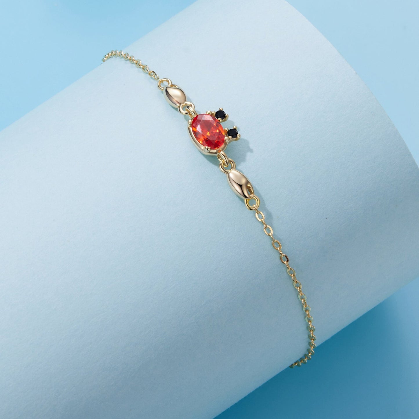 Bracelet 925 Sterling Silver Gold Plated CZ with red oval centerpiece and black accents, 15+6cm on Tampa Home & Garden Store