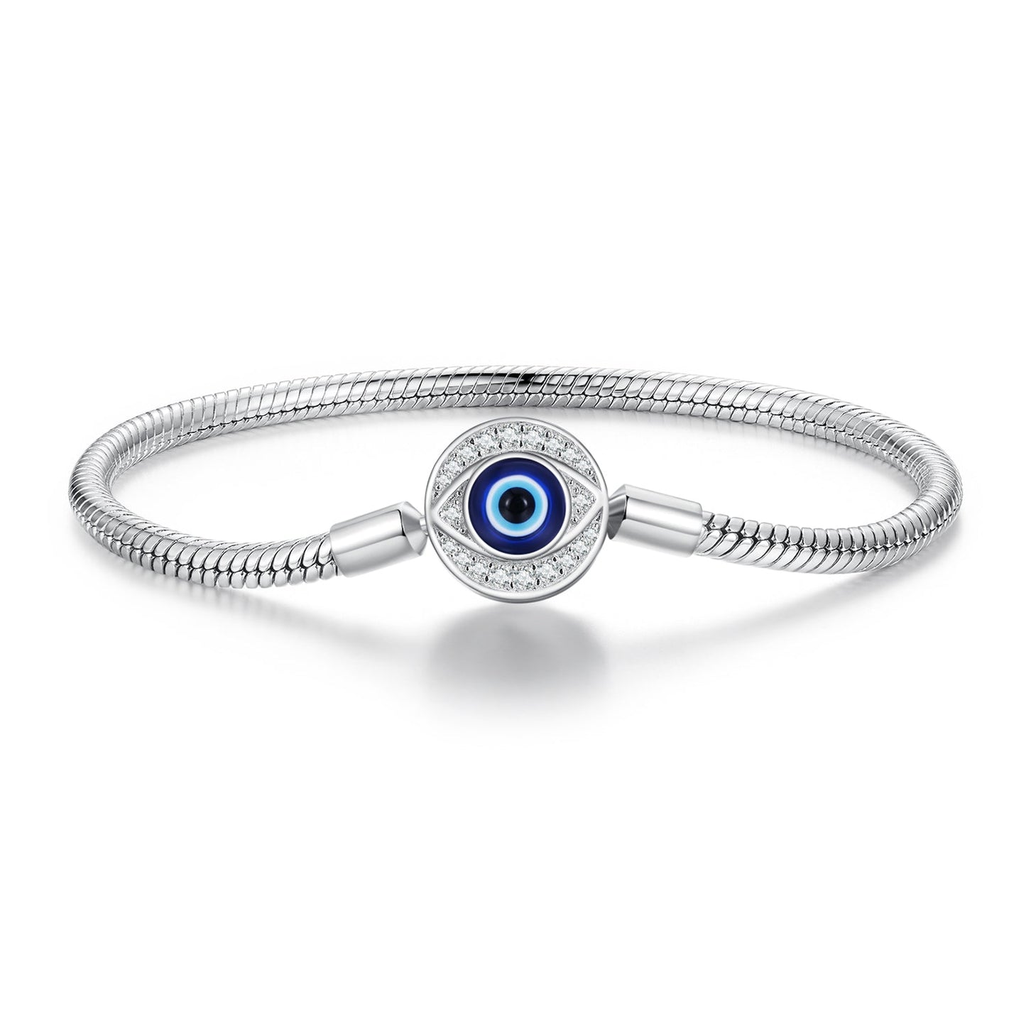 925 sterling silver bracelet with blue evil eye charm, CZ pavé halo, snake chain, size 17 on Tampa Home & Garden Store