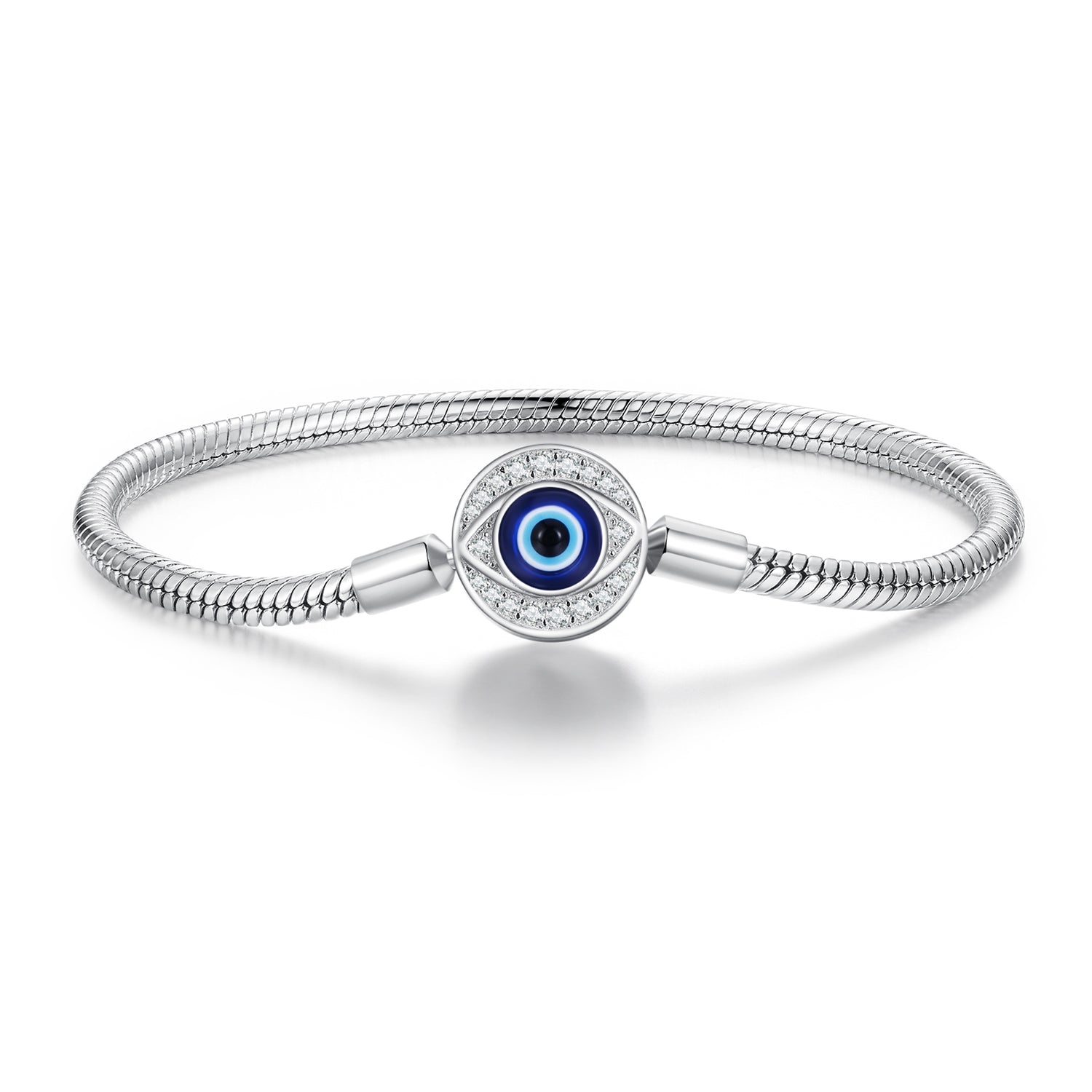 925 sterling silver bracelet with blue evil eye charm, CZ pavé halo, snake chain, size 17 on Tampa Home & Garden Store