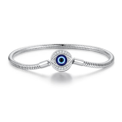 925 sterling silver bracelet with blue evil eye charm, CZ pavé halo, snake chain, size 17 on Tampa Home & Garden Store