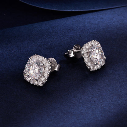 925 Sterling Silver Moissanite 1.0cm stud earrings with pavé halo setting for women on Tampa Home & Garden Store