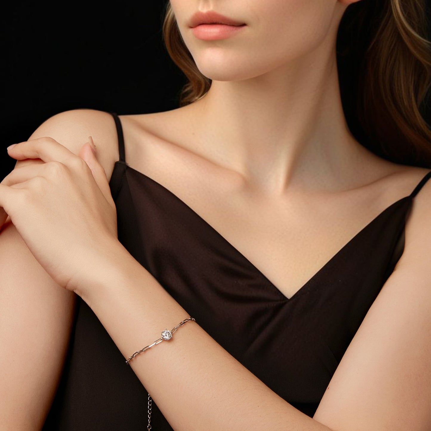 925 Sterling Silver Plated White Gold Moissanite Bracelet with a single round stone, 15+6cm on Tampa Home & Garden Store