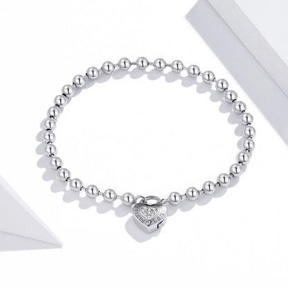 Bracelet 925 Sterling Silver beaded with pave CZ heart charm, platinum plated, 17cm on Tampa Home & Garden Store