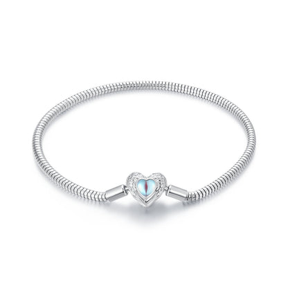 925 Sterling Silver Moonstone Bracelet 17 cm White Gold Plating, heart charm centerpiece on Tampa Home & Garden Store
