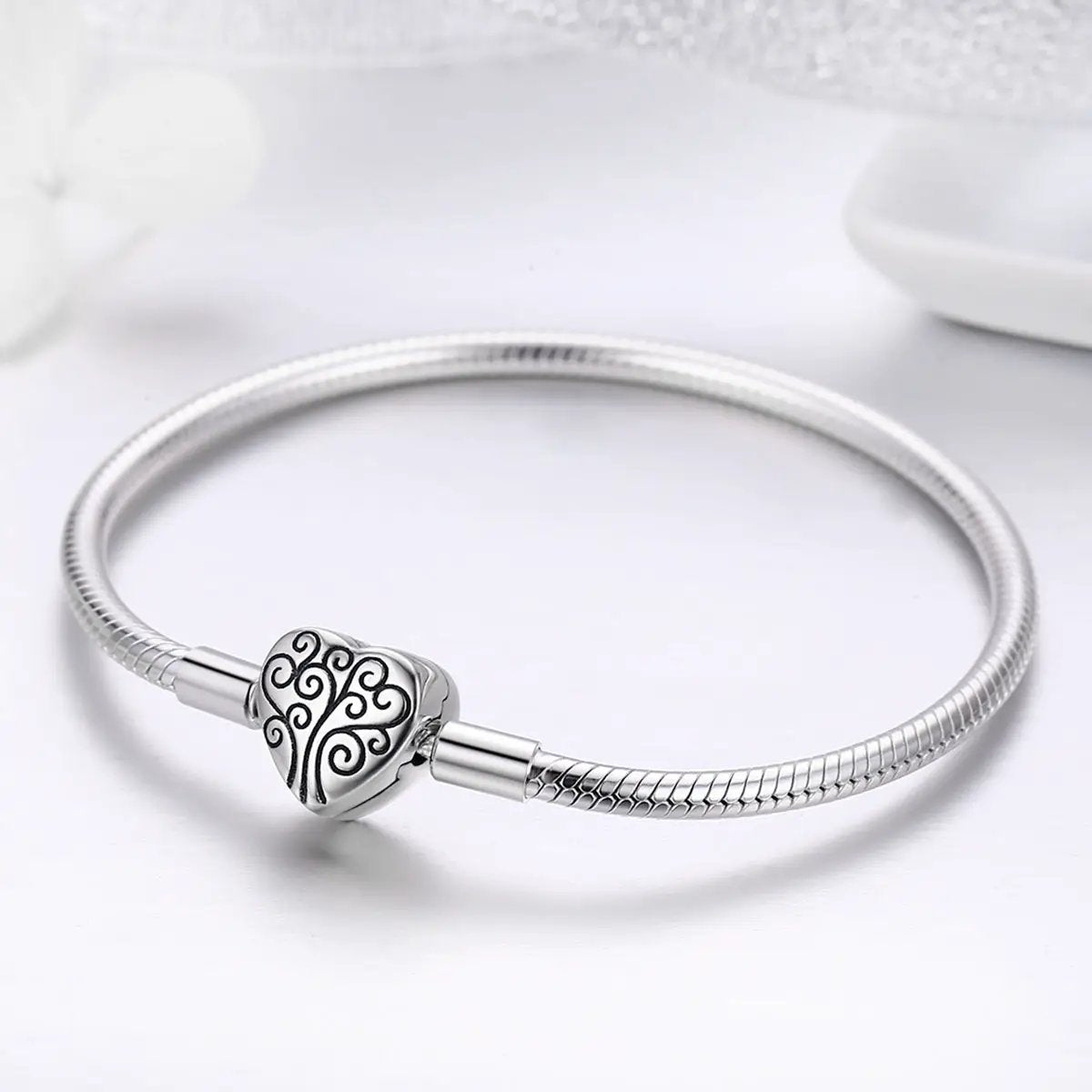 SCB 925 Sterling Silver Bracelet with heart filigree charm, size 17 for women on Tampa Home & Garden Store