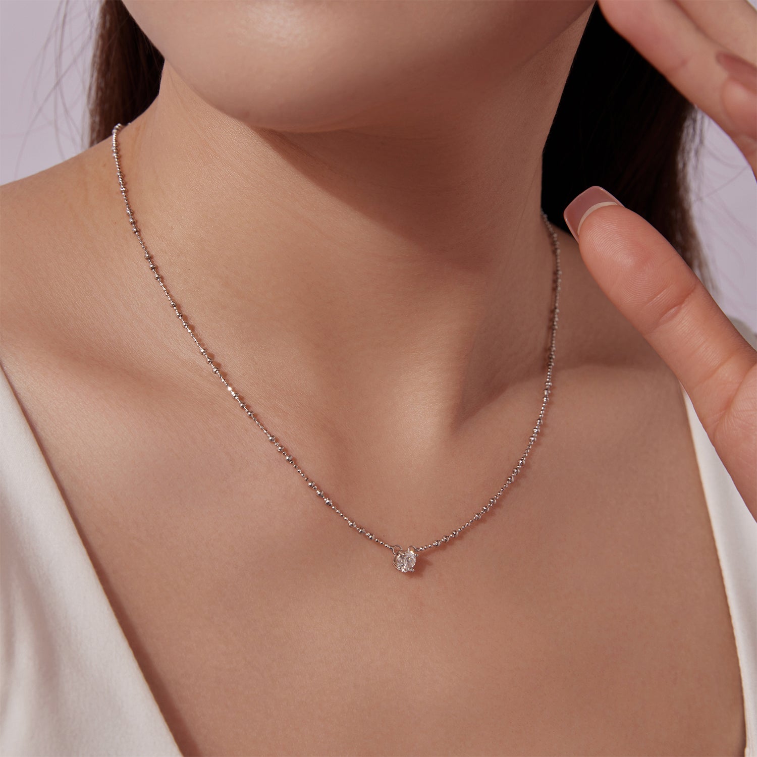 925 Sterling Silver 0.5ct moissanite necklace with a single round gem on a beaded chain on Tampa Home & Garden Store