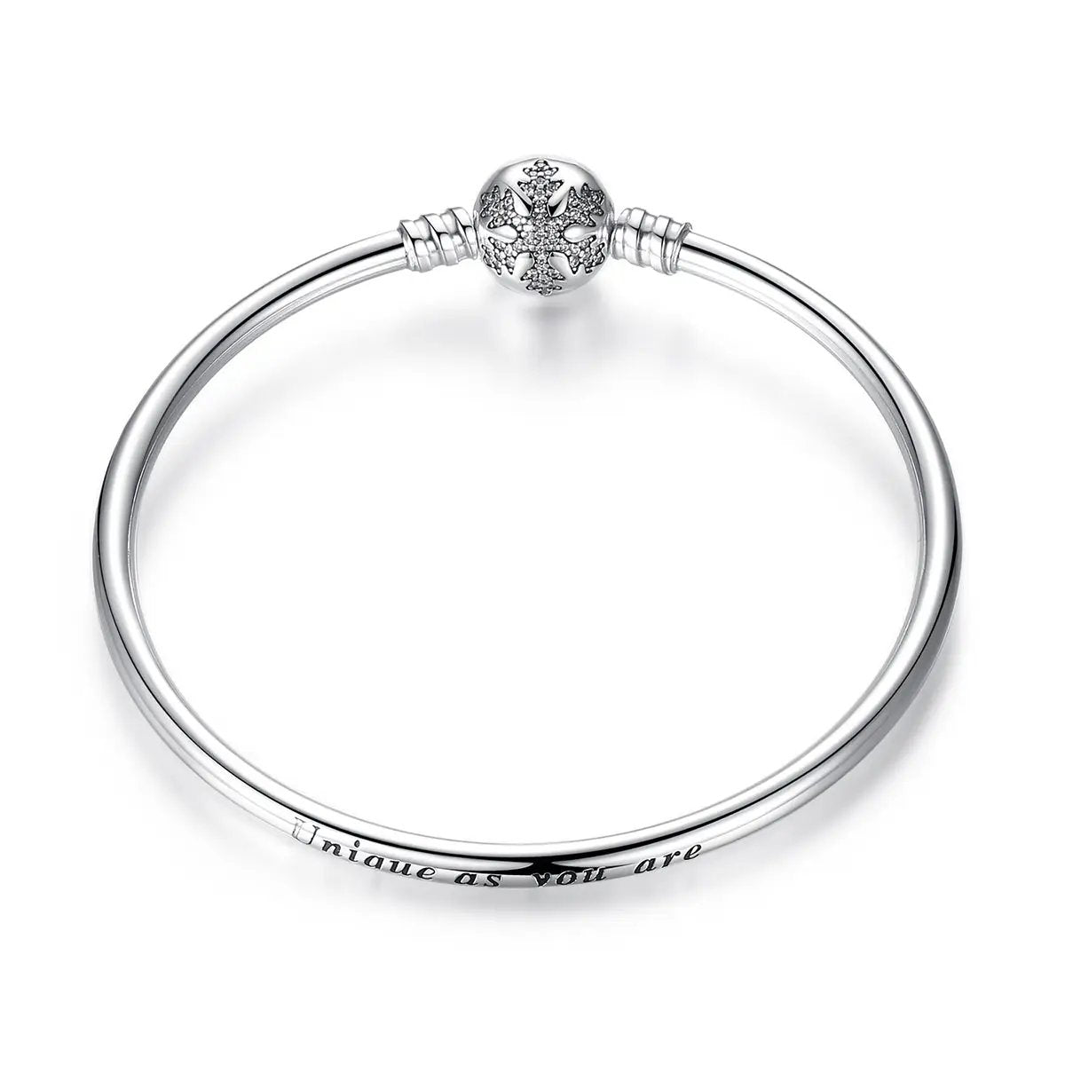 Sterling silver women's bracelet with pavé snowflake bead, 5.8 cm; engraved Unique as you are on Tampa Home & Garden Store