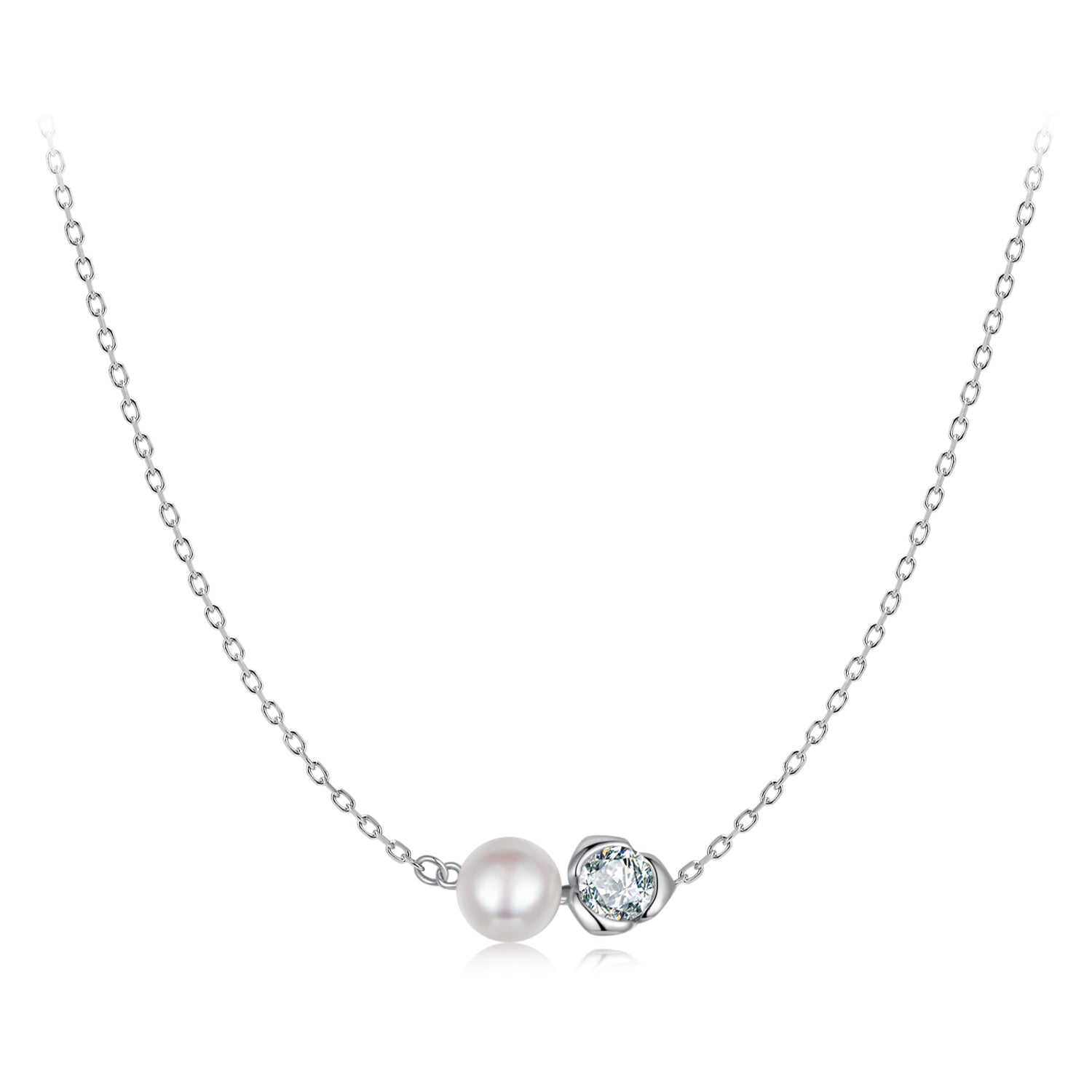 Necklace 925 sterling silver with freshwater pearl and moissanite centerpiece, 45cm chain on Tampa Home & Garden Store