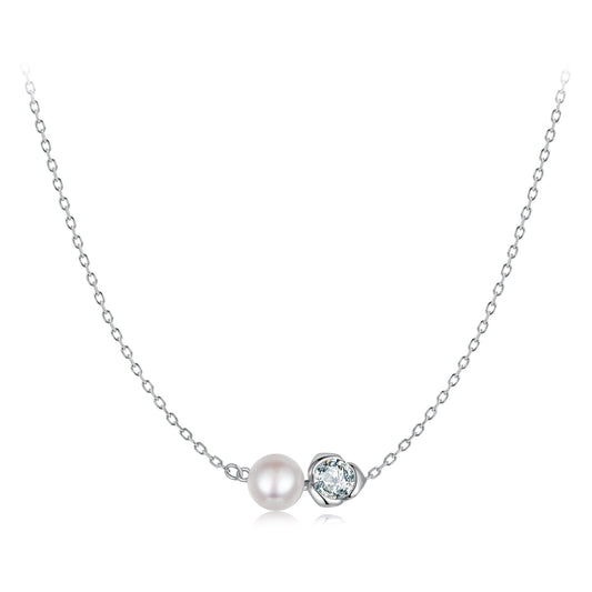 Necklace 925 sterling silver with freshwater pearl and moissanite centerpiece, 45cm chain on Tampa Home & Garden Store