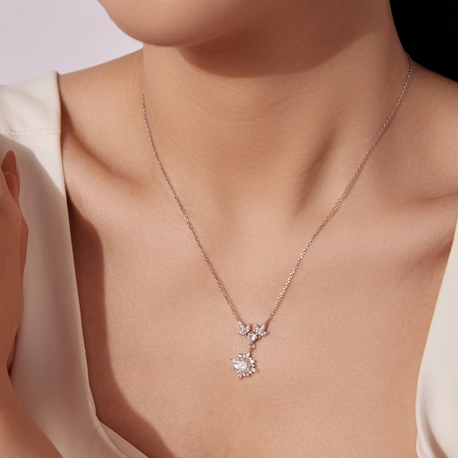 Sterling Silver Moissanite Pendant Necklace with Pavé in white gold, 40+5cm chain by Bids.com on Tampa Home & Garden Store