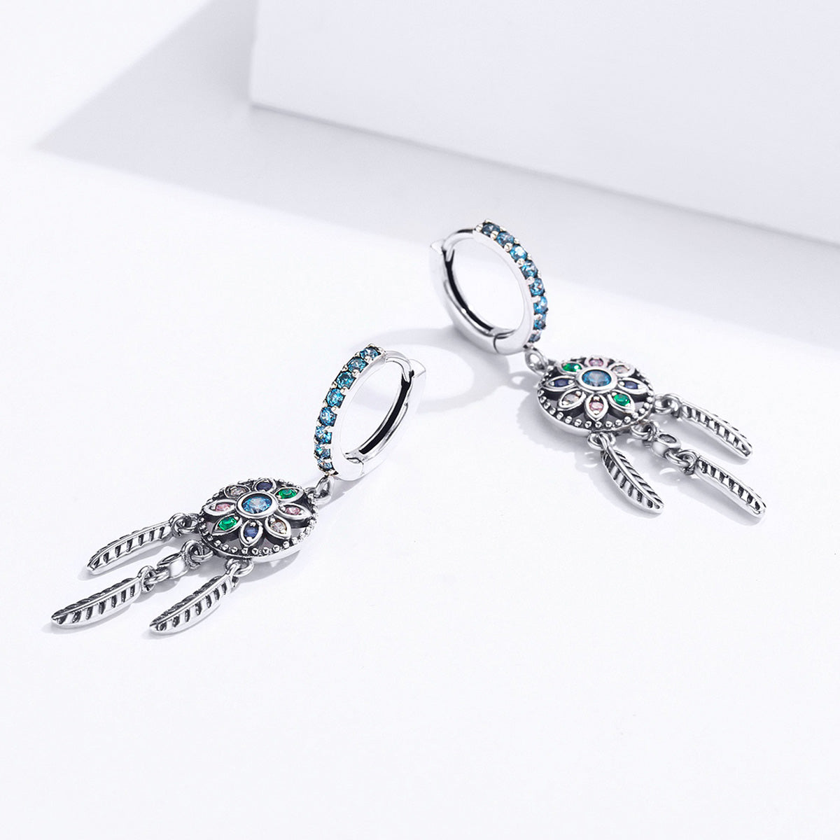 Earrings Bids.com 925 sterling silver oxidized pavé CZ hoops with blue stones, pair 4x1 cm on Tampa Home & Garden Store