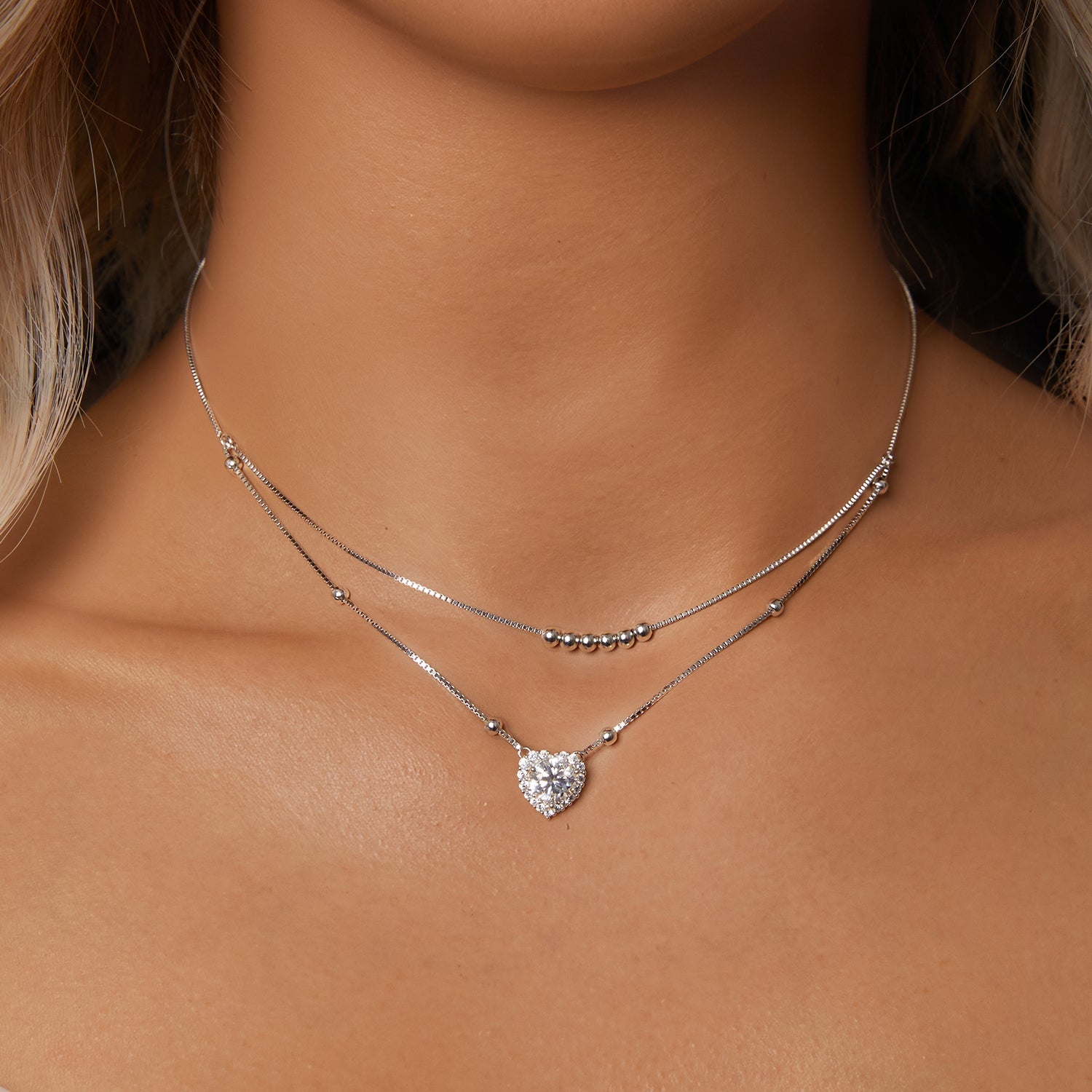 925 Sterling Silver Moissanite Necklace with Pavé Heart Pendant, layered chains, Bids.com on Tampa Home & Garden Store