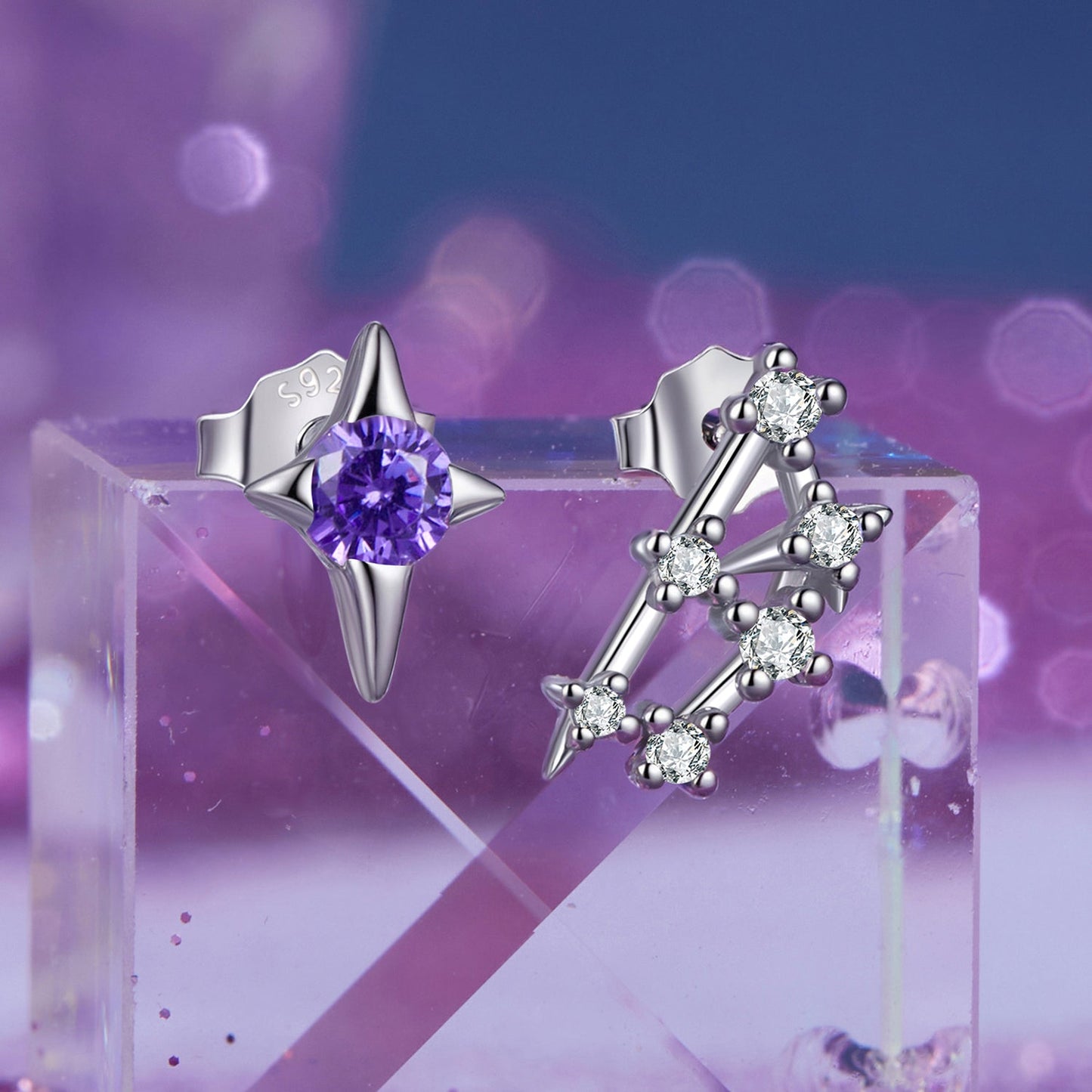 925 sterling silver white gold plated star & constellation earrings with purple amethyst center on Tampa Home & Garden Store