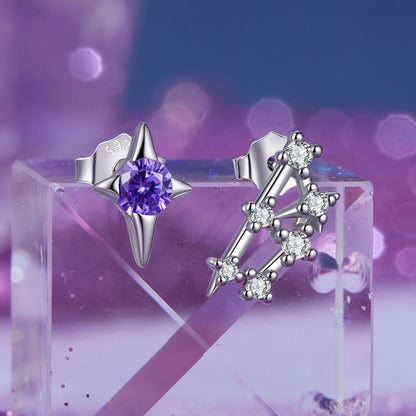 925 sterling silver white gold plated star & constellation earrings with purple amethyst center on Tampa Home & Garden Store