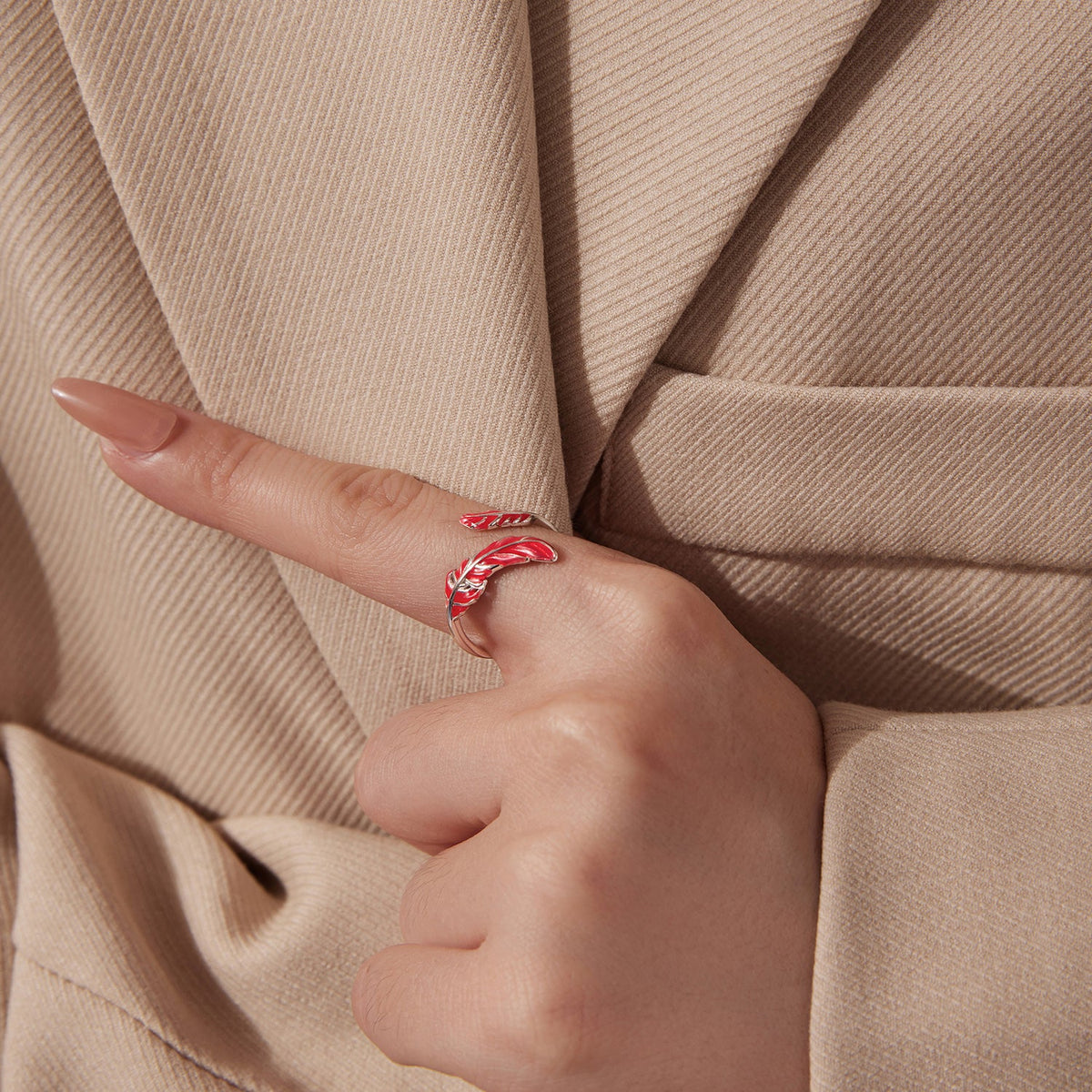 925 Sterling Silver Ring with White Gold Plating for Women, red enamel leaf motif, Style E on Tampa Home & Garden Store