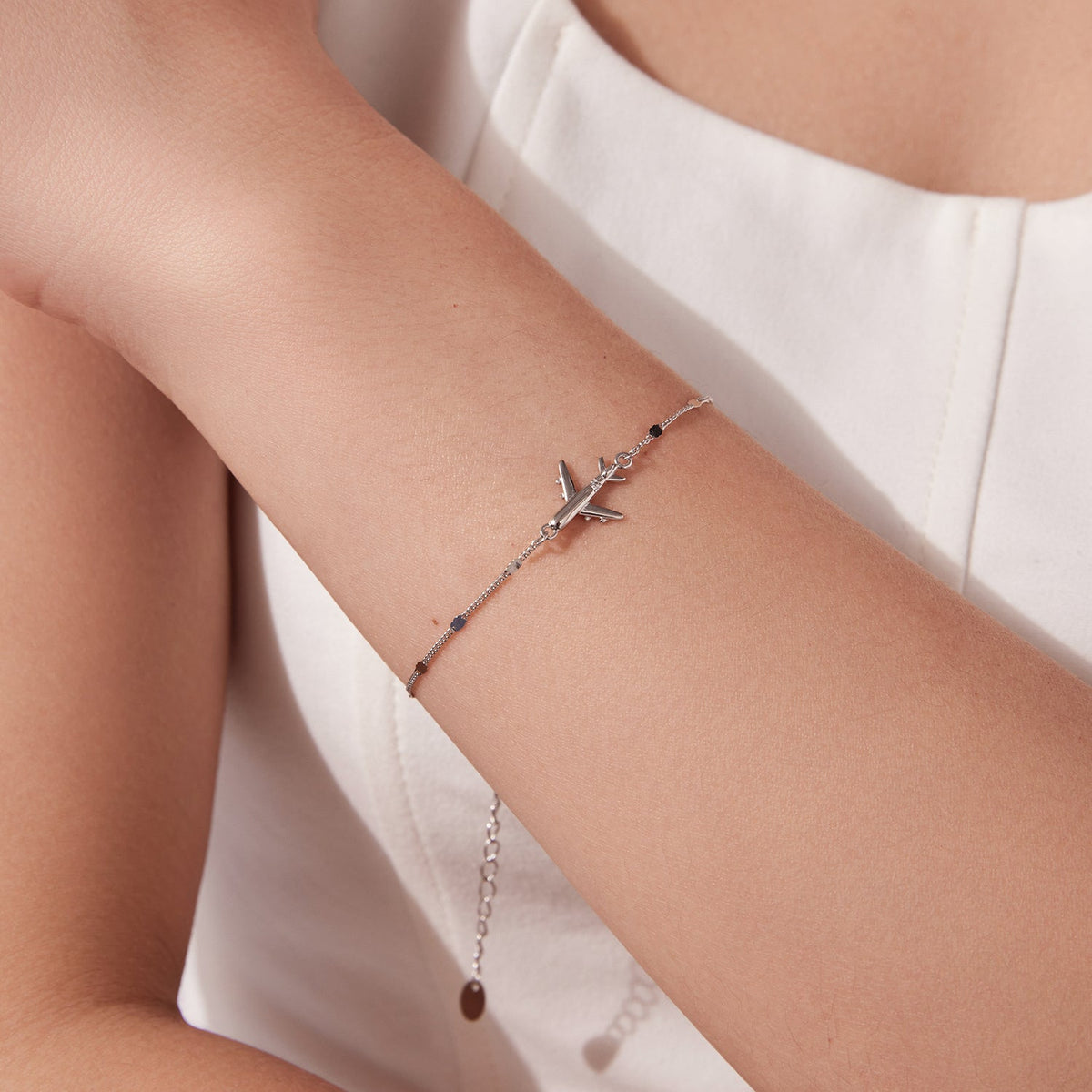 Bracelet 925 sterling silver white gold plated with airplane charm, CZ, extendable 16+5cm on Tampa Home & Garden Store