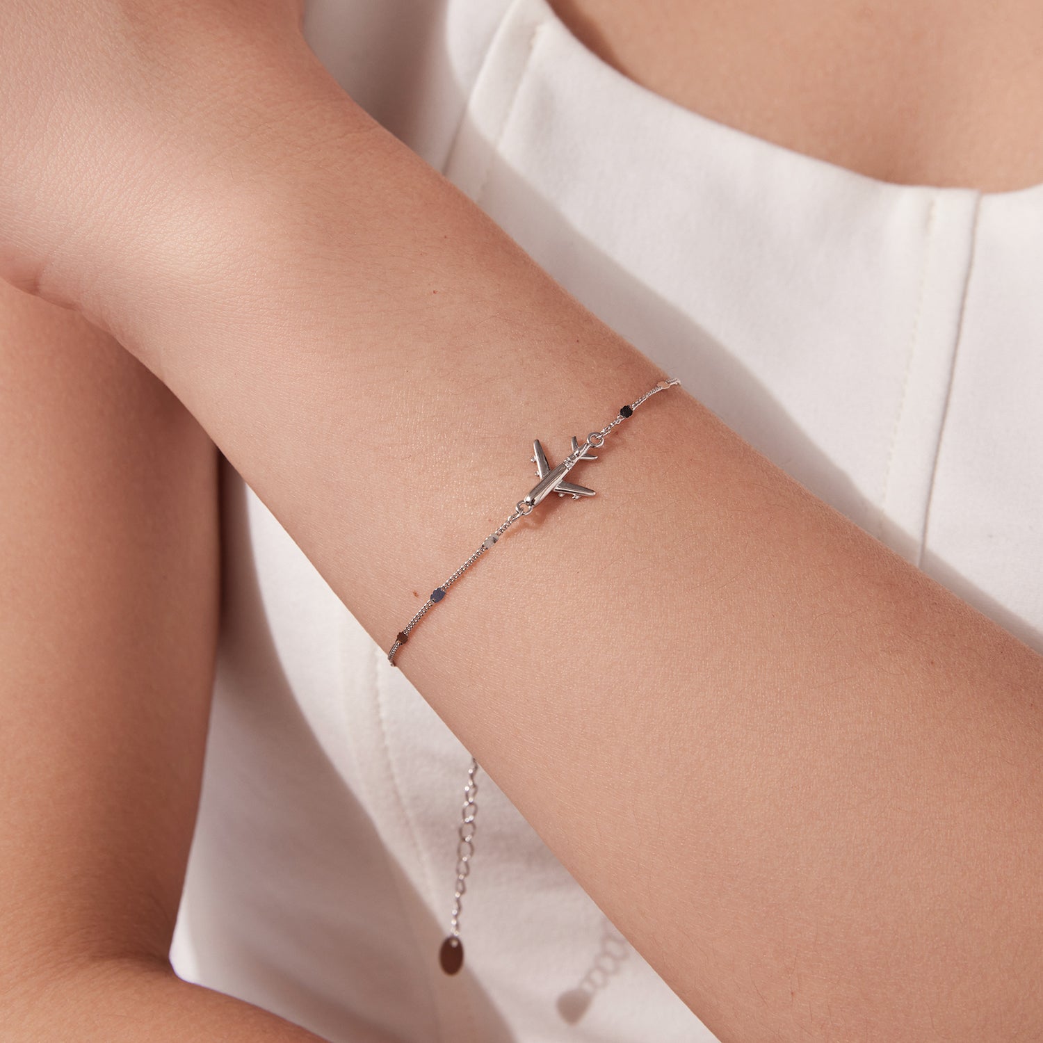 Bracelet 925 sterling silver white gold plated with airplane charm, CZ, extendable 16+5cm on Tampa Home & Garden Store