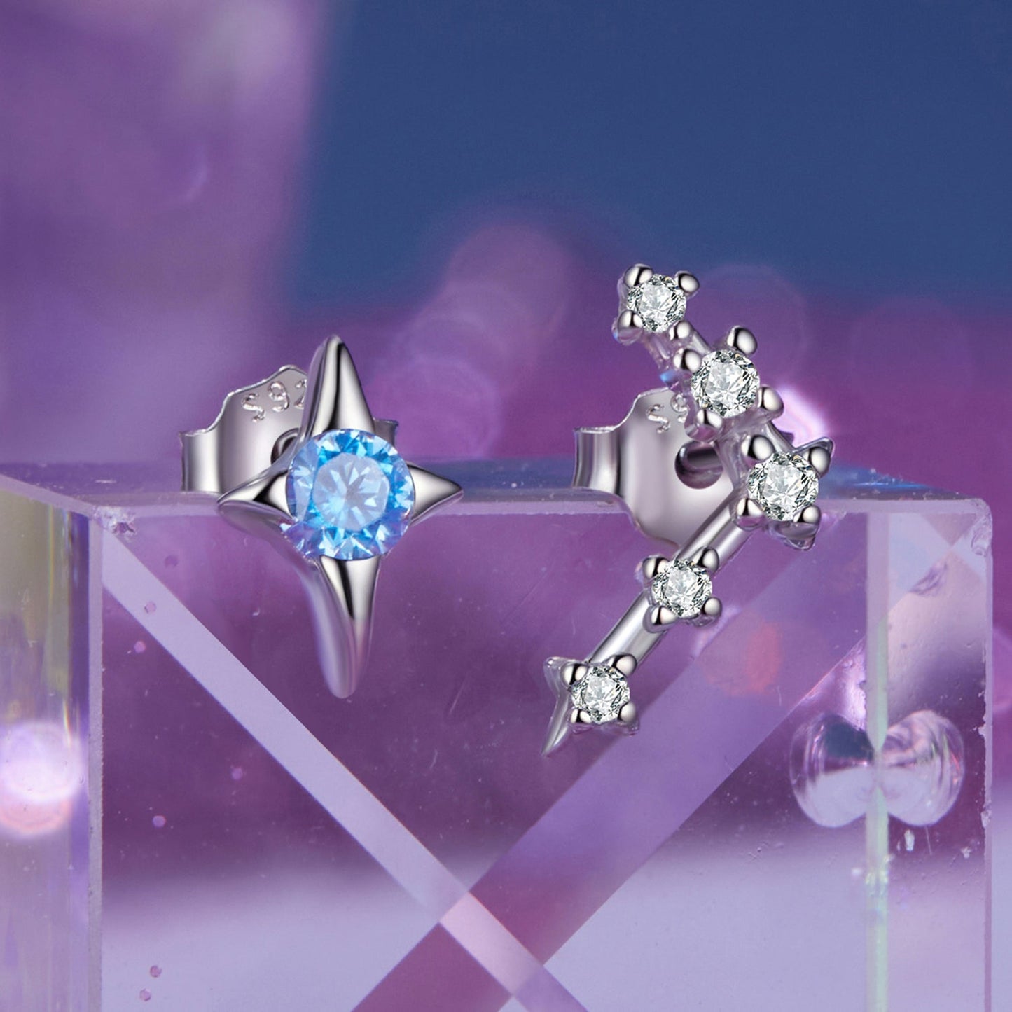 Earrings 925 sterling silver white-gold-plated star & constellation with blue stone on Tampa Home & Garden Store