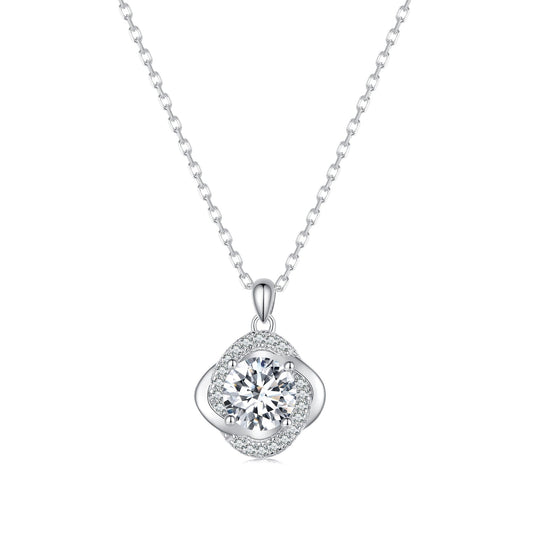 925 Sterling Silver moissanite pendant necklace with halo setting, platinum plated chain, 39+5cm by Bids.com on Tampa Home & Garden Store