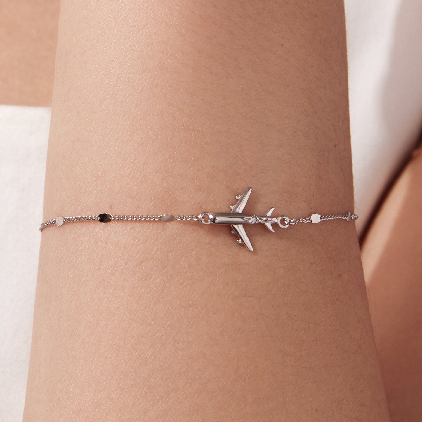 Bracelet with airplane pendant, CZ stone accent, 925 sterling silver white gold plated, 16+5cm on Tampa Home & Garden Store