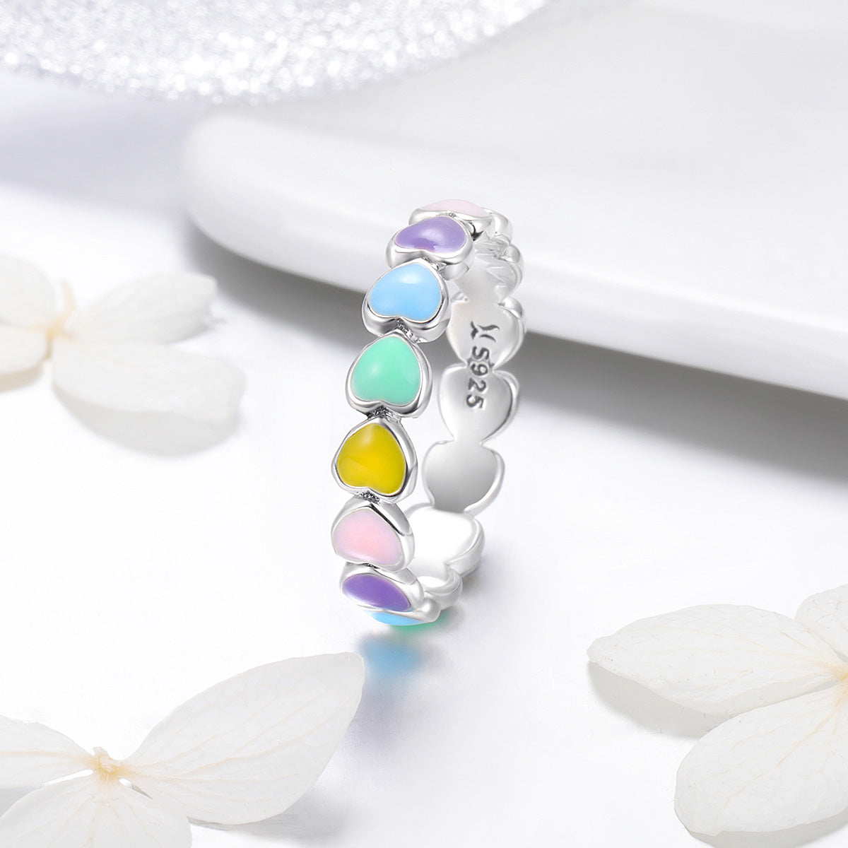 Sterling silver ring with stacked pastel enamel hearts, size 5, Bids.com on Tampa Home & Garden Store