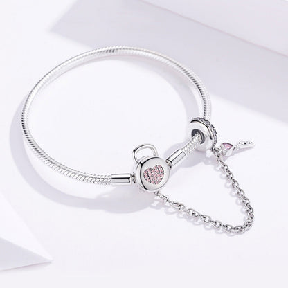 925 Sterling Silver Bracelet 17cm for Women with pink heart charm and lock by Bids.com on Tampa Home & Garden Store