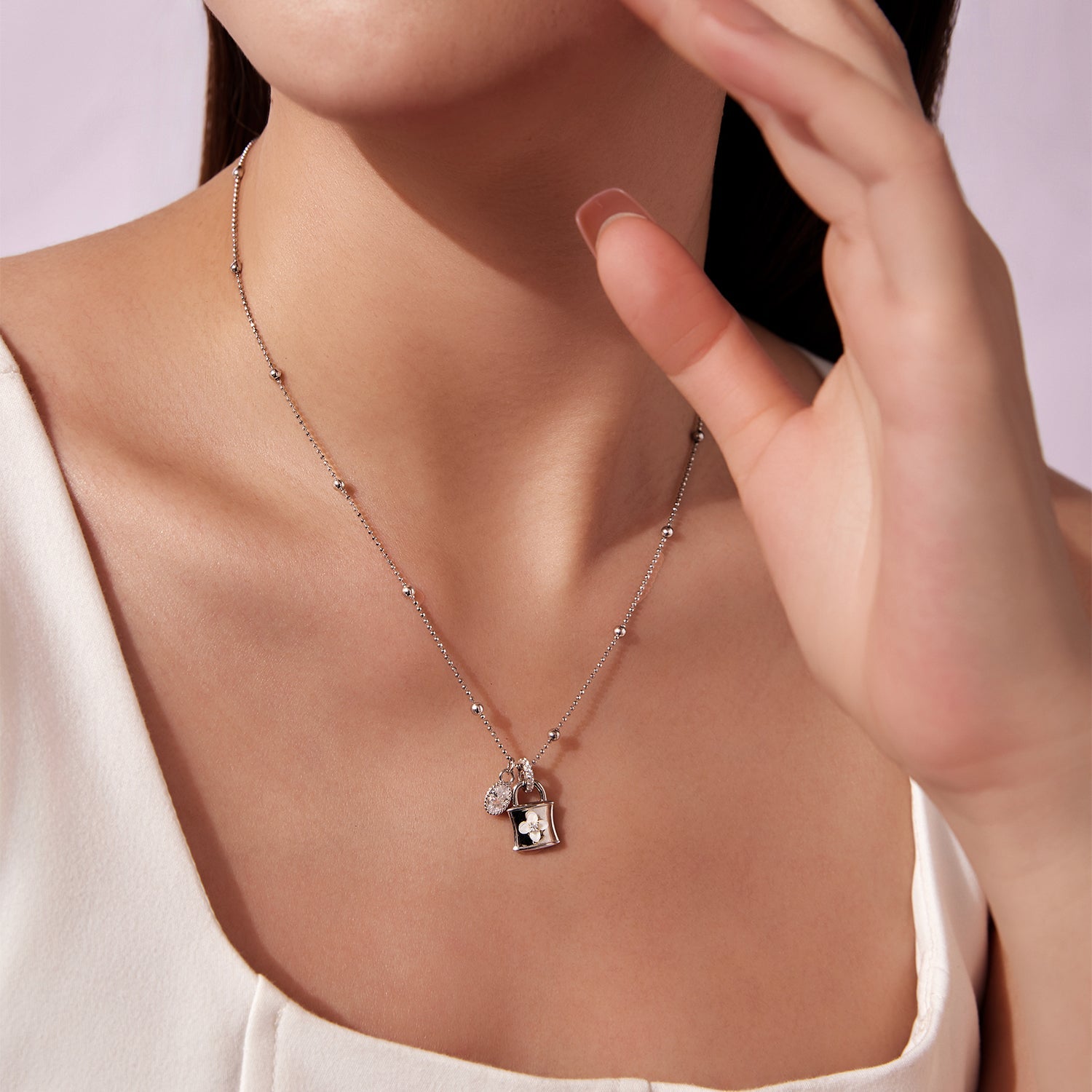 Necklace by Bids.com: 925 sterling silver white gold plated with CZ and nacre, beaded chain on Tampa Home & Garden Store