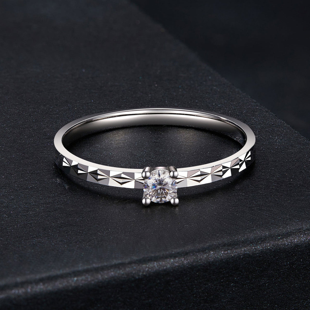 Moissanite silver ring size 6 with white gold plating and prong stone on studded band by Bids.com on Tampa Home & Garden Store