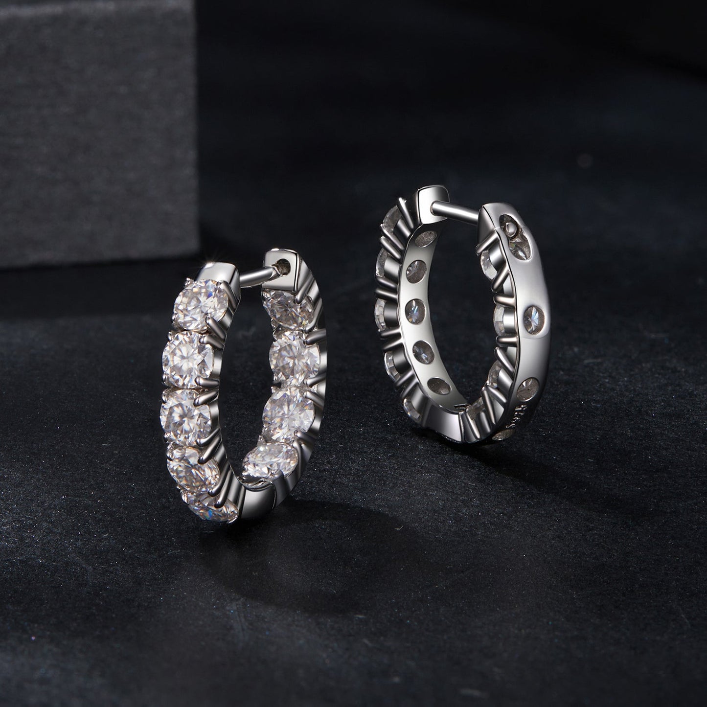 Moissanite hoop earrings 925 sterling silver, white gold plated, clear stones, 1.5x0.3 cm on Tampa Home & Garden Store