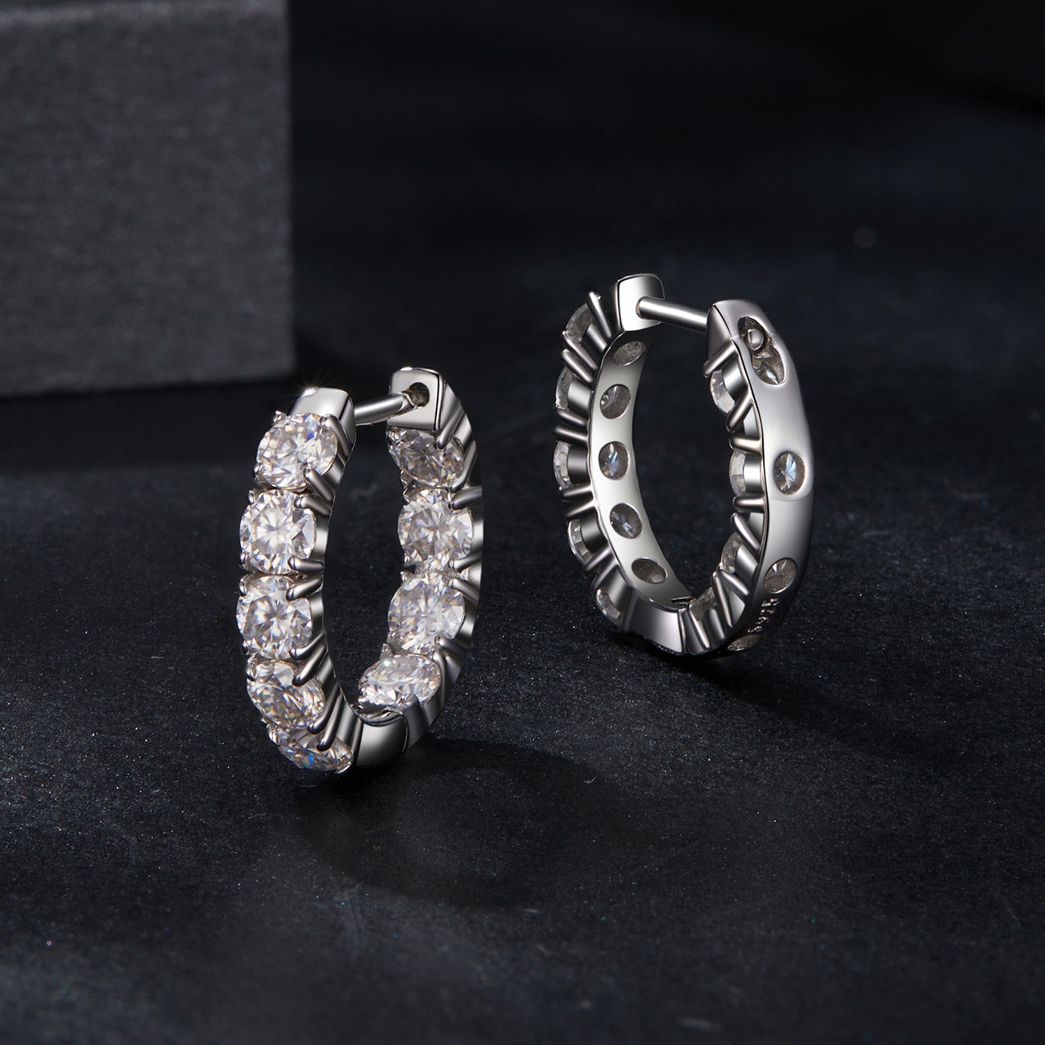 Moissanite hoop earrings 925 sterling silver, white gold plated, clear stones, 1.5x0.3 cm on Tampa Home & Garden Store