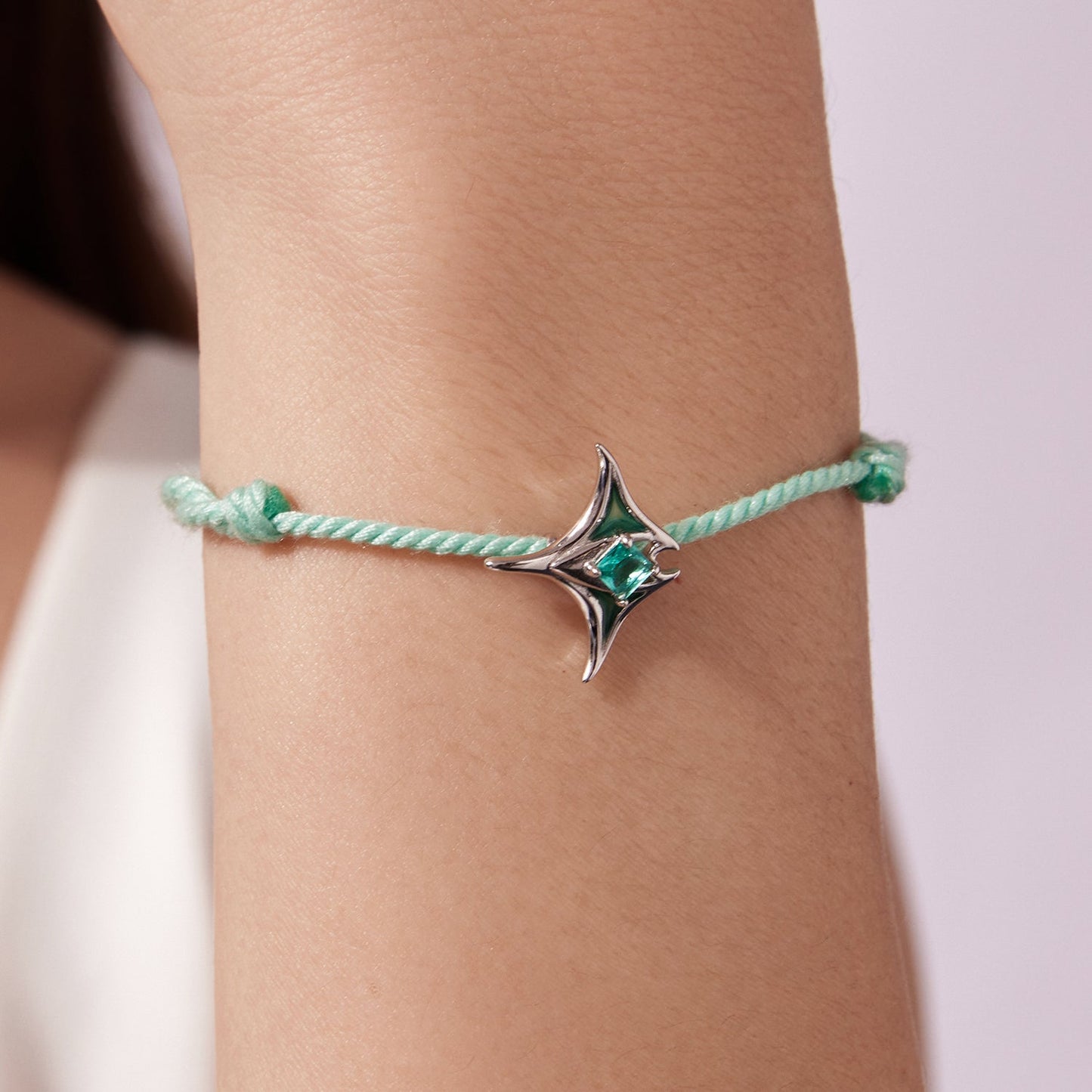 925 Sterling Silver adjustable bracelet with enamel and green glass pendant on mint green cord on Tampa Home & Garden Store