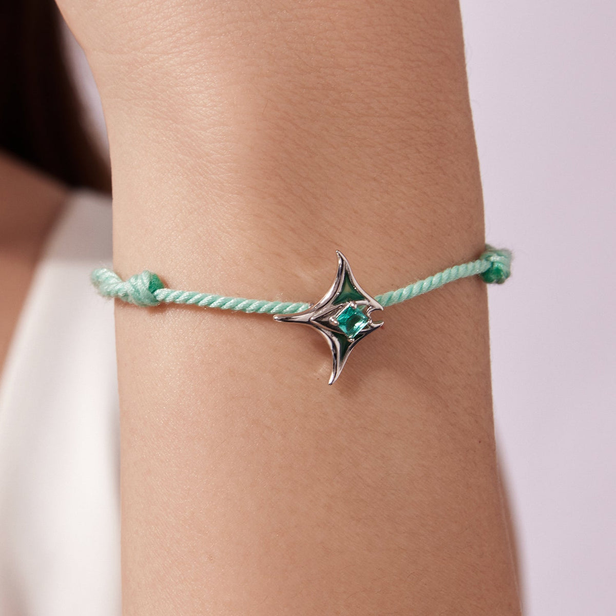 925 Sterling Silver adjustable bracelet with enamel and green glass pendant on mint green cord on Tampa Home & Garden Store
