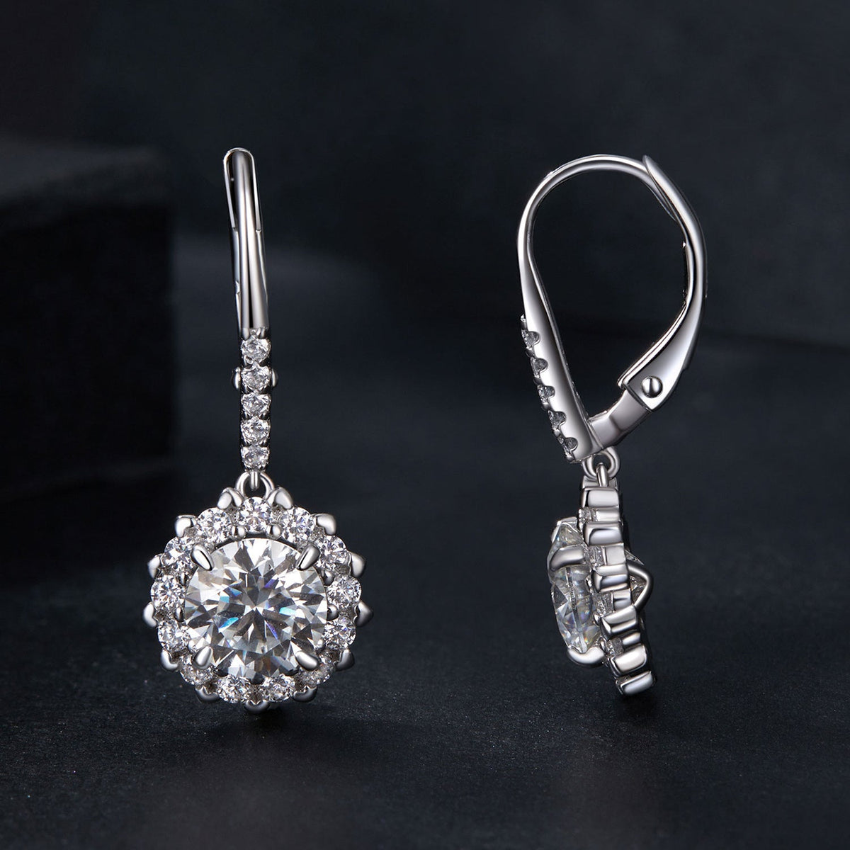 Sterling silver moissanite earrings with pave halo and 1ct center stone, lever-back by Bids.com on Tampa Home & Garden Store