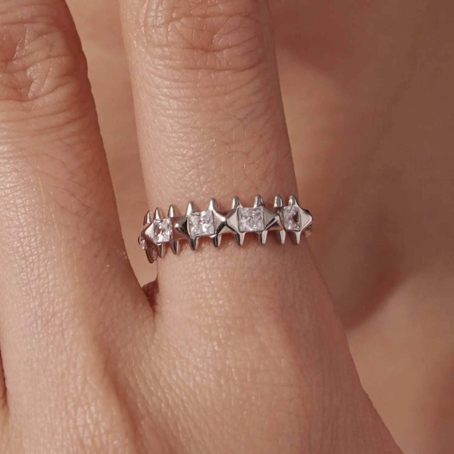 Ring 925 Sterling Silver white gold plated CZ ring for women size 6 with spike band on Tampa Home & Garden Store