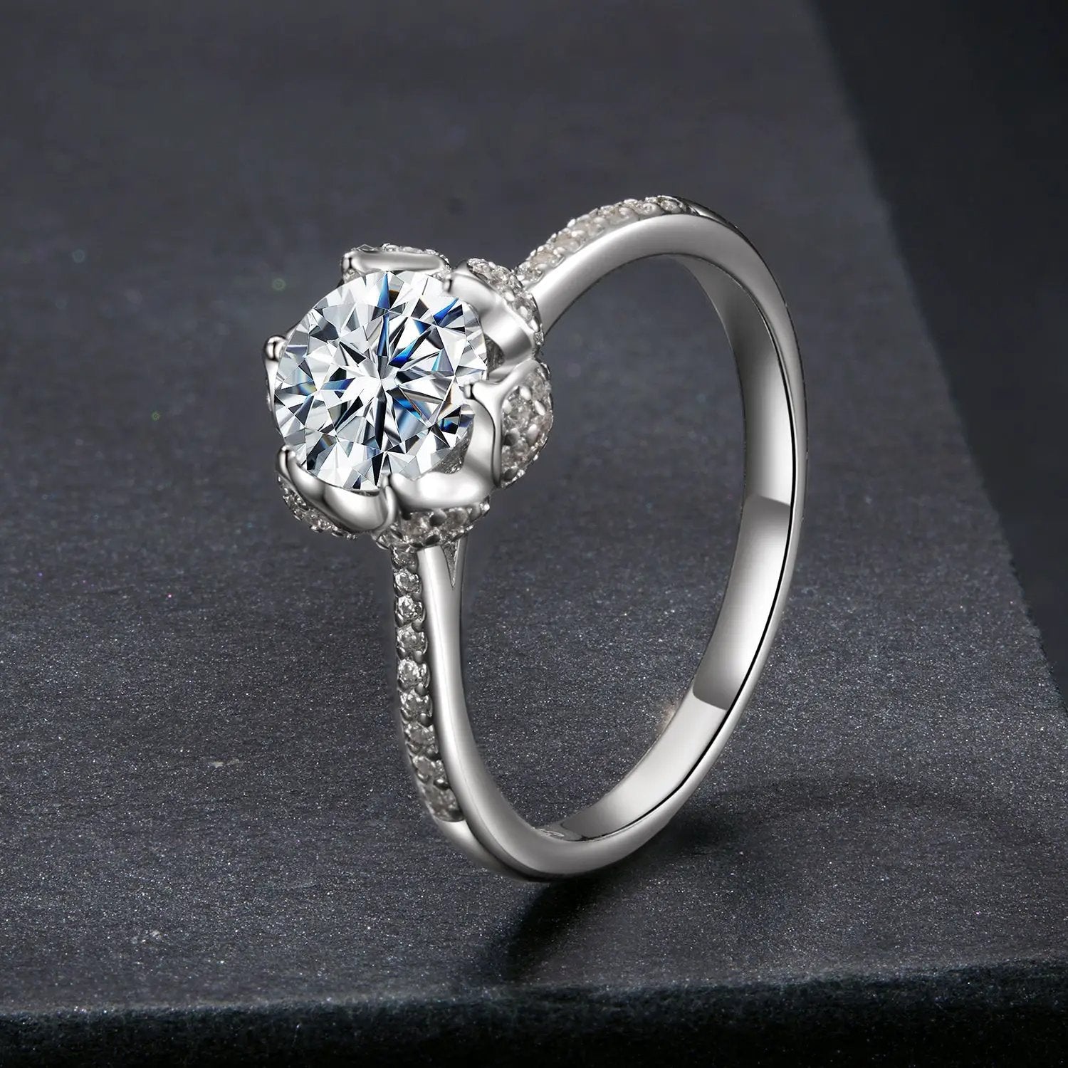Moissanite ring 1ct, 925 silver, white gold plated, size 6, pavé band by Bids.com on Tampa Home & Garden Store