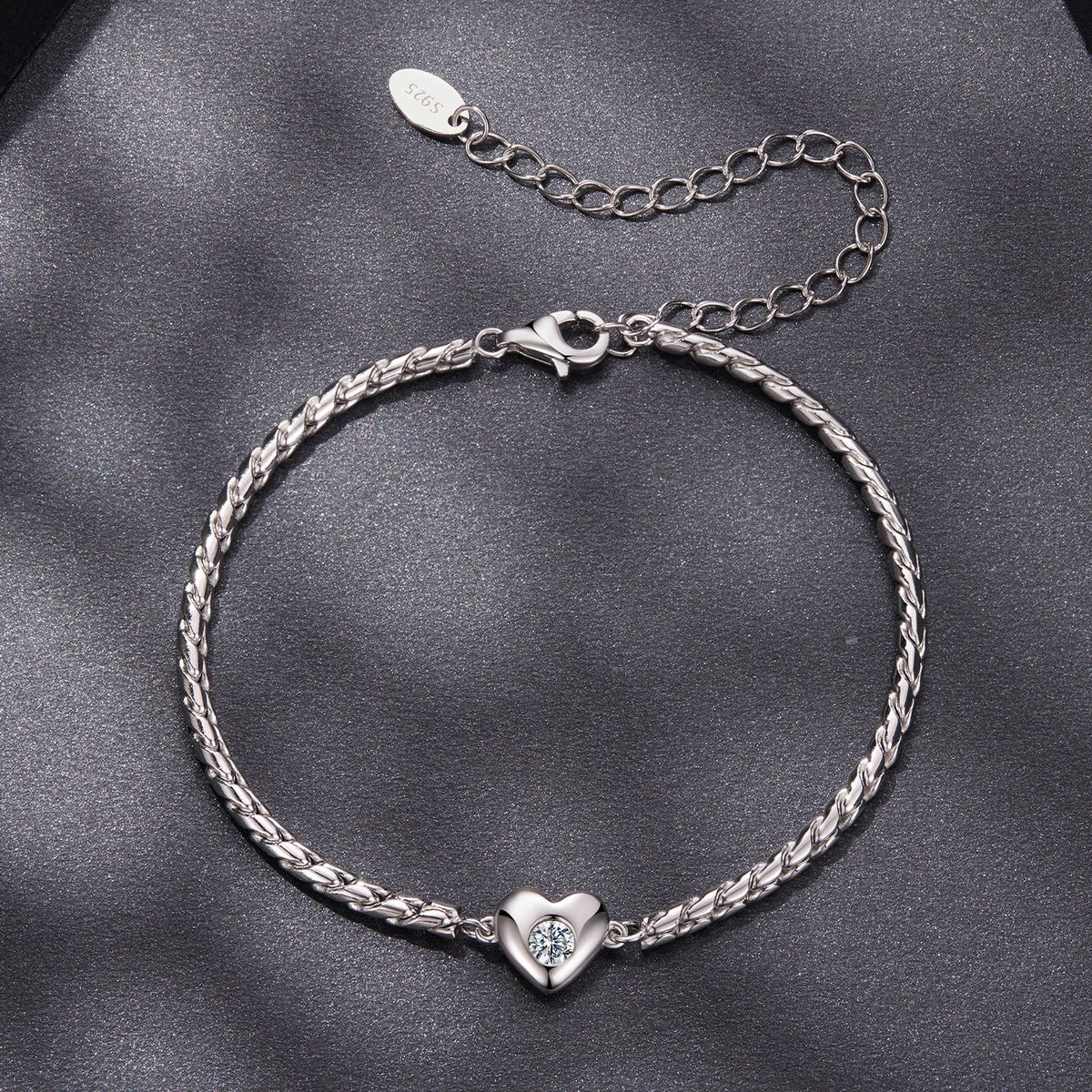 925 Sterling Silver Moissanite Heart Bracelet with adjustable 15+6cm chain and center stone on Tampa Home & Garden Store