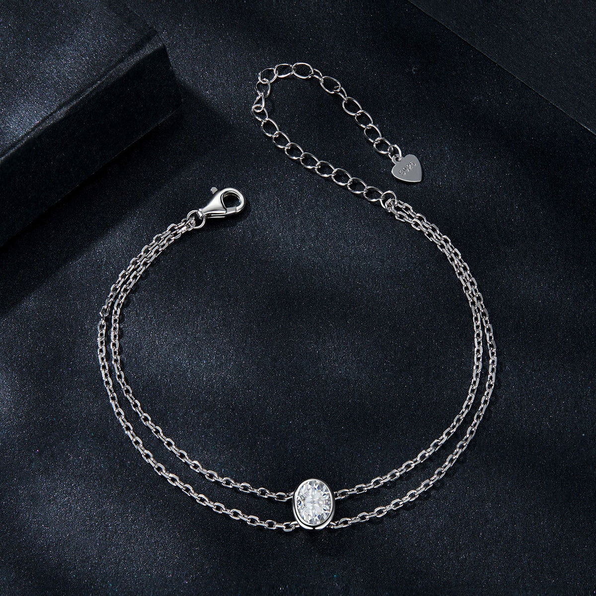 Bracelet 925 Sterling Silver Moissanite 1 Carat, white gold plated, central stone, double chain on Tampa Home & Garden Store
